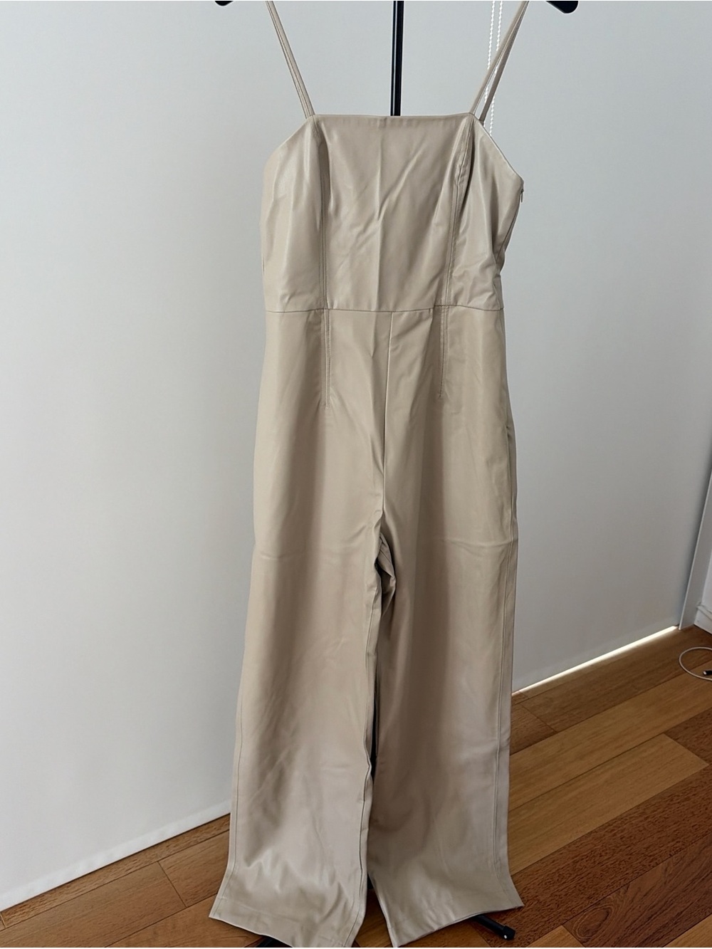 Zara faux leather Beige Wide-Leg Jumpsuit with Spaghetti Straps